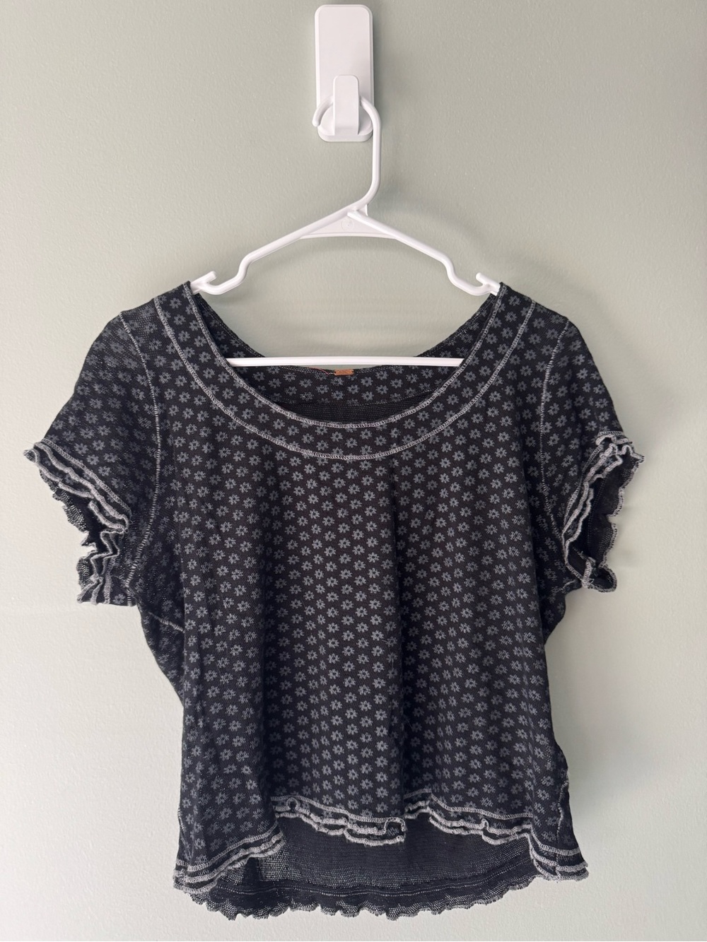 Free People Black Floral Ruffle Sleeve Tee